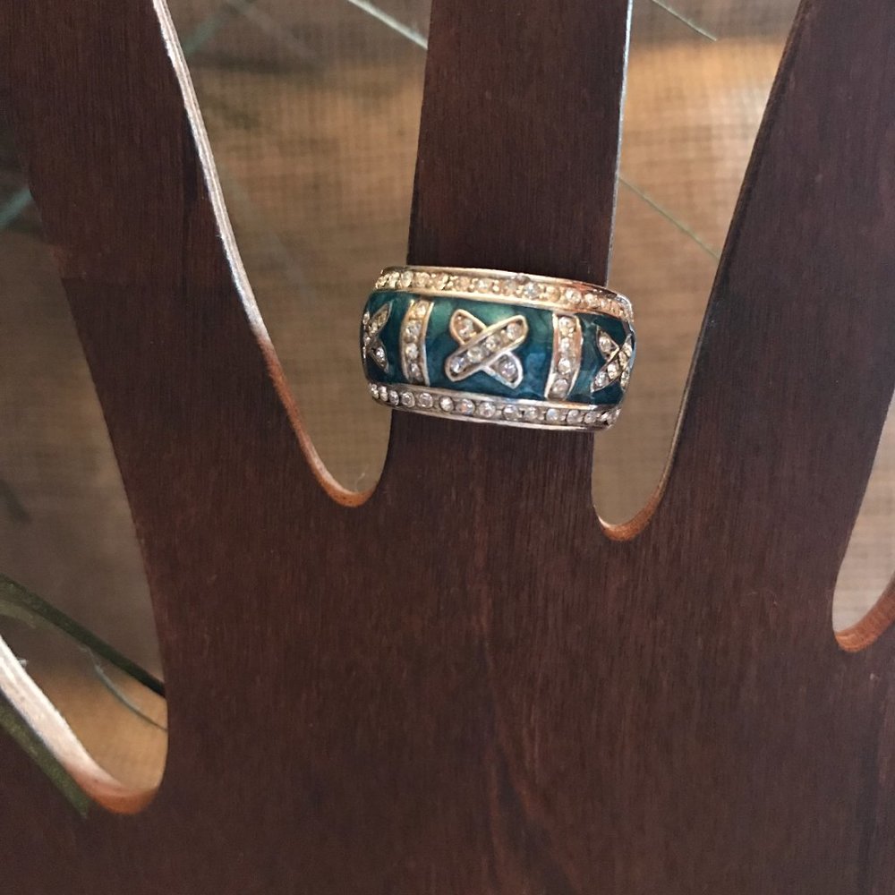 Sterling Silver Enamel and CZ Band Ring - Size 7